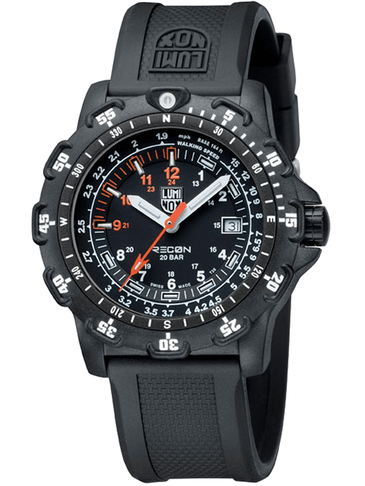 The patterned black rubber strap seamlessly transitions into the matching black case and face with a variety of numerals that all output a plethora of information. The orange second hand and last quadrant of the hour markers create an ideal aesthetic for countdowns and keeping exact time.