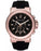 Michael Kors Men's Dylan model in rose gold casing with a black silicone band and a black dial. Markers at each hour, chronograph at 3, 6 & 9 markers. 48mm dial and date wheel placed at the 6 oclock marker. model number mk8184