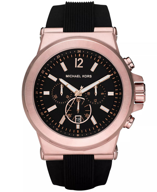 Michael Kors Men's Dylan model in rose gold casing with a black silicone band and a black dial. Markers at each hour, chronograph at 3, 6 & 9 markers. 48mm dial and date wheel placed at the 6 oclock marker. model number mk8184