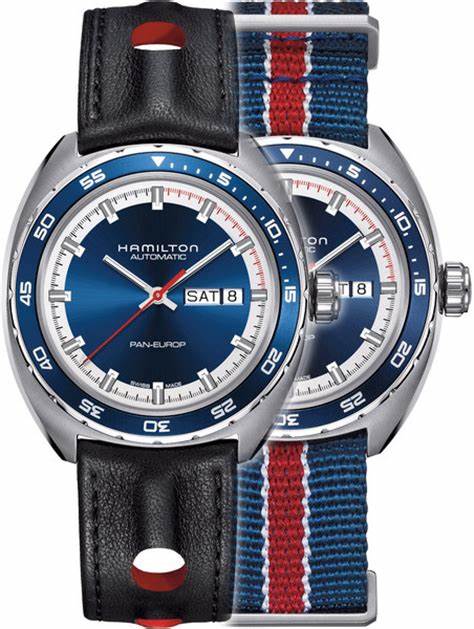 As you can see the classic Hamilton design and patriotic colors signal the American spirit. The day date is clear as it is framed by the navy blue dial and stainless steel case. Also shown is the two available bands, NATO and leather strap.