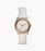The smooth white leather strap attaches to the rose gold tone case and bezel. The rose gold tone stands out due to the matching rose gold hour markers and hands against the white face of the watch. The day date is also displayed.