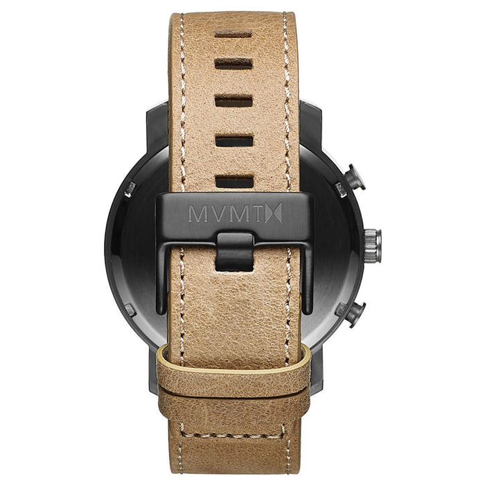 MVMT Chrono - Gunmetal Sandstone Men's classic style MVMT watch. This watch has a black casing, grey facial accents and a tan leather band to turn this classic style even more modern and able to paired with any look, sport, dress or casual. 