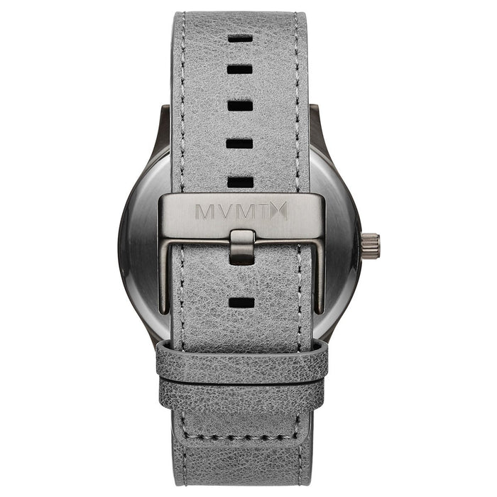 Men's Classic Monochrome grey leather banded watch. Dial sized at 45mm and 10mm thick. The grey dial is fashioned with brushed grey markers and a date wheel positioned at the three o'clock marker. 