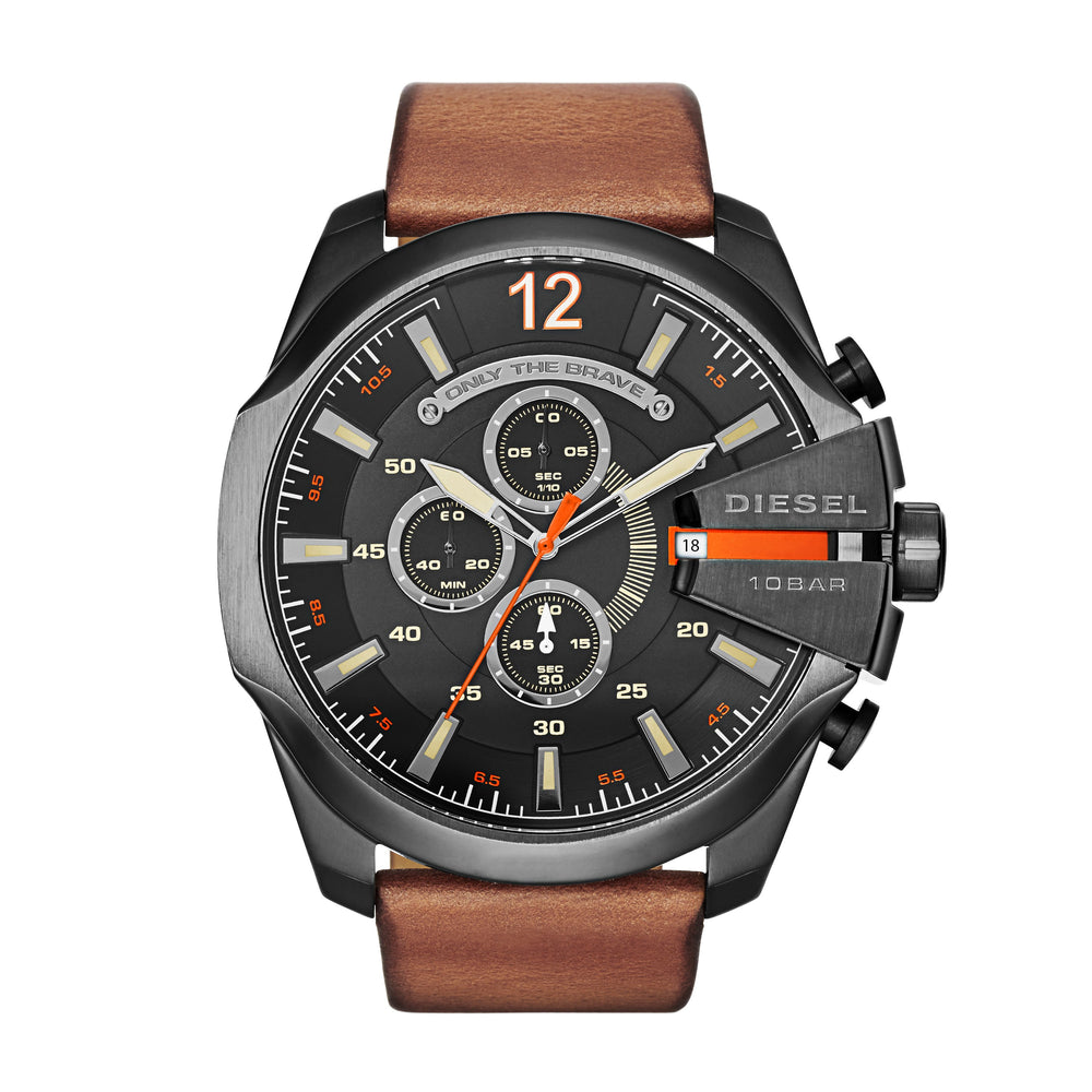 Mega Chief Black Dial Orange Accents Gunmetal Case Brown Strap