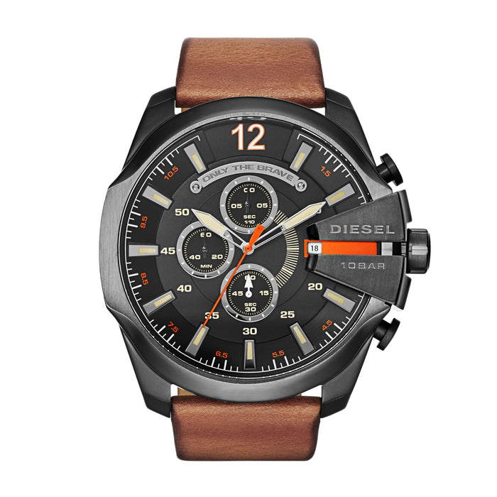 Mega Chief Black Dial Orange Accents Gunmetal Case Brown Strap