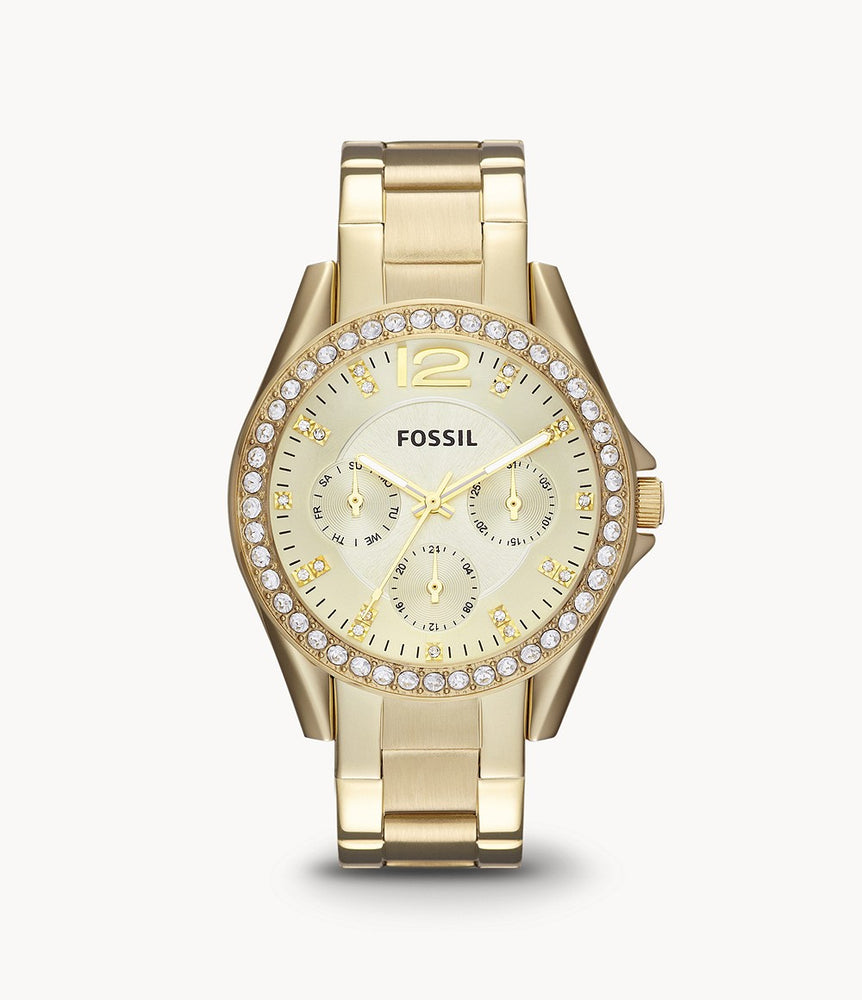 This gold tone stainless steel timepiece is the perfect blend of extravagant and stylish. The metal strap matches the gold monochromatic look and allows the crystal lined dial and crystal hour markers to stand out. The watch also features a multifunction movement and 3 additional dials on the face.