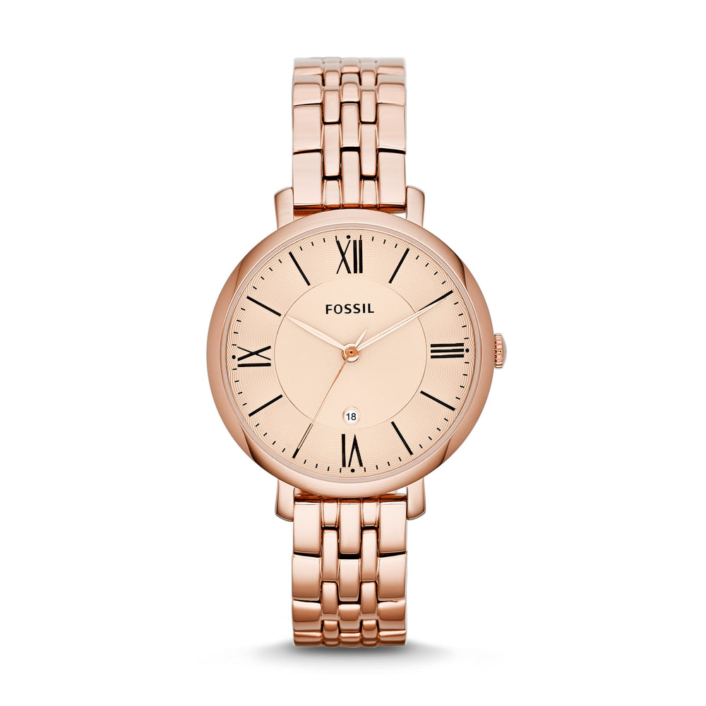 The rose gold monochrome color scheme perfectly accentuates the elegance and simplicity of this design. The rose gold tone metal band and matching rose gold tone case frames the muted pink face with slim rose gold hands.