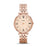 The rose gold monochrome color scheme perfectly accentuates the elegance and simplicity of this design. The rose gold tone metal band and matching rose gold tone case frames the muted pink face with slim rose gold hands.
