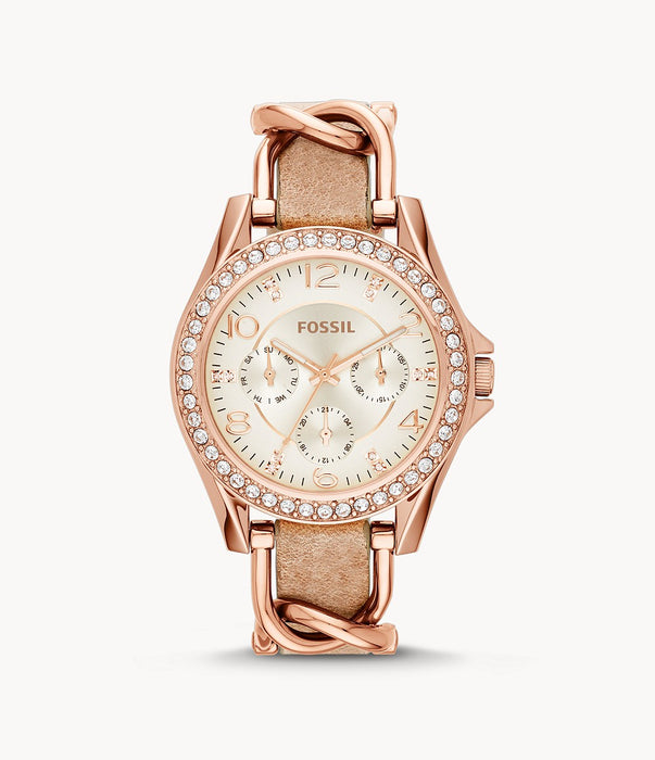 Riley Multifunction Rose-Tone and Sand Leather Watch
