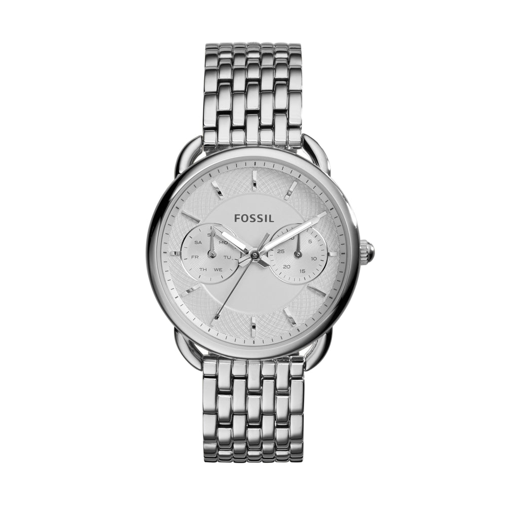 Stainless steel case with a stainless steel bracelet. Fixed stainless steel bezel. White dial with silver-tone hands and index hour markers. Minute markers around the outer rim. Dial Type: Analog. Date display at the 3 o'clock position. Two multi-function sub-dials displaying: date and day of the week.