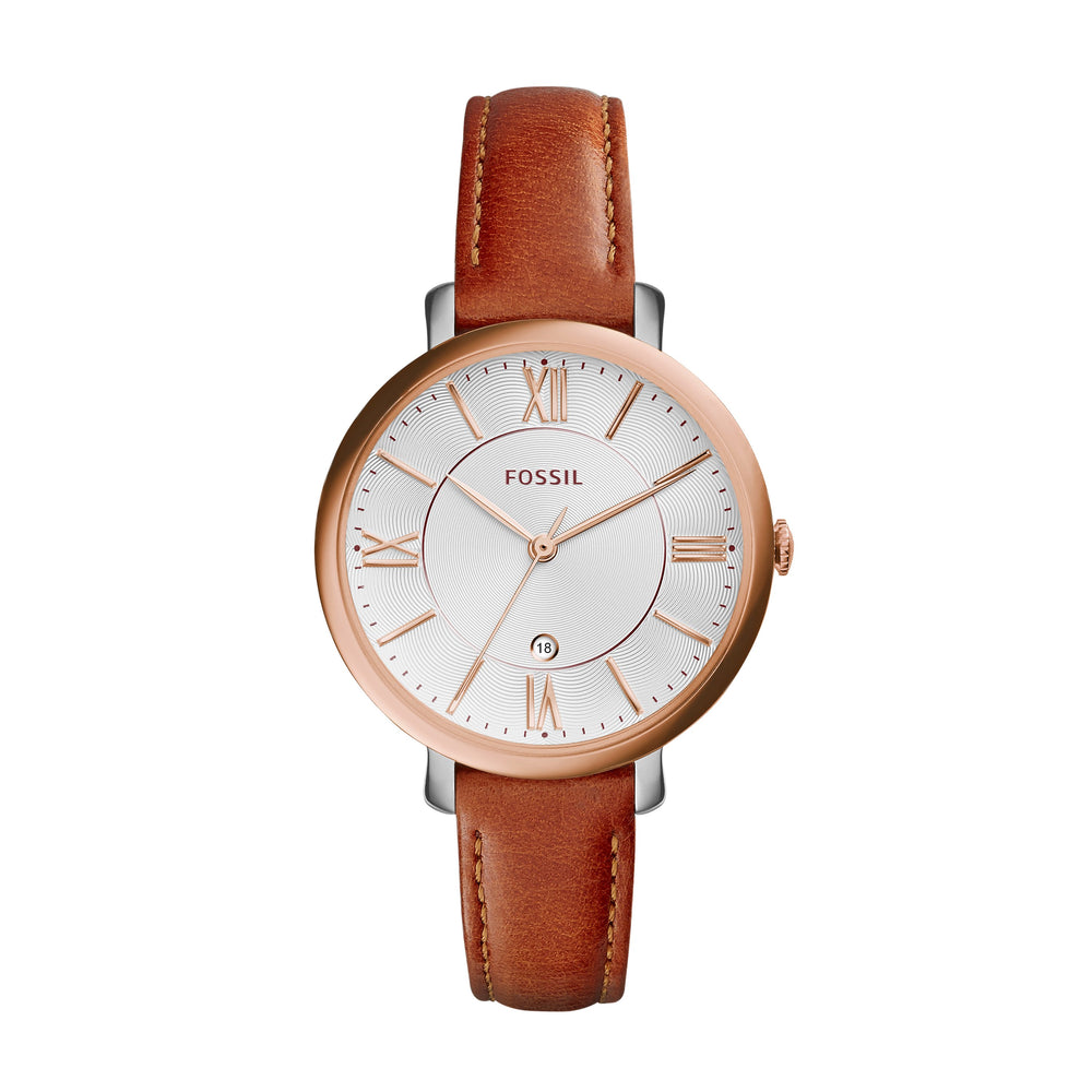 Stainless steel case with a brown leather strap. Fixed rose gold-tone bezel. Silver dial with rose gold-tone hands and index hour markers. Roman numerals mark the 3, 6, 9 and 12 o'clock positions. Minute markers around the outer rim. Date display above the 6 o'clock position.