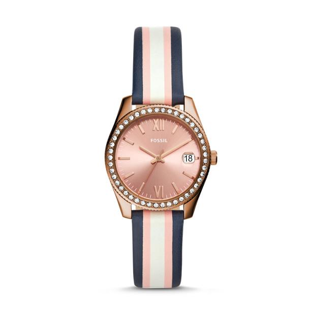The color scheme of this watch begins at the striped leather strap, the navy blue, light pink, and white will match your Sunday best. The rose gold case, bezel, and face compliment the strap and the crystal lined bezel adds a sparkle.