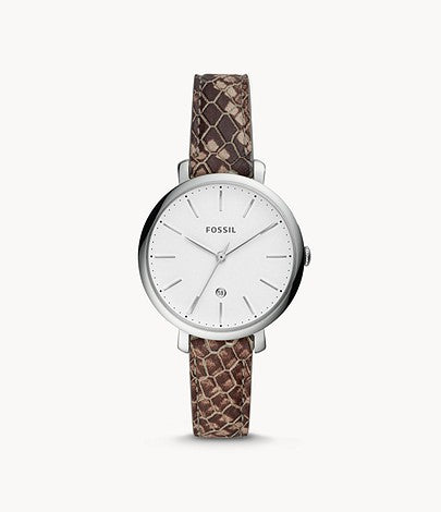 This piece features a slim snake skin strap that attaches to the silver tone stainless steel round case and bezel. The simple white face is adorned with slim silver hour markers and hands.