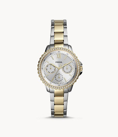 The two tone stainless steel bracelet attaches to the crystal lined bezel that frames the two toned face of the watch. The silver dial allows the gold hour markers and hands to standout. There are 3 sub dials at the 3, 6, and 9 positions.