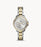 The two tone stainless steel bracelet attaches to the crystal lined bezel that frames the two toned face of the watch. The silver dial allows the gold hour markers and hands to standout. There are 3 sub dials at the 3, 6, and 9 positions.