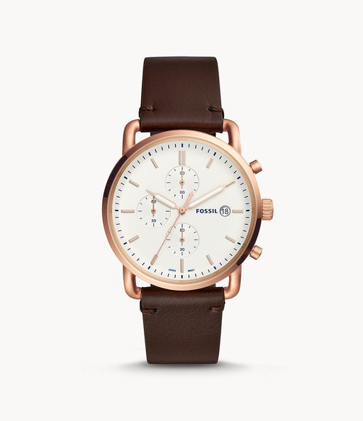 Rose gold-tone stainless steel case with a java leather strap. Fixed rose gold-tone bezel. White dial with luminous rose gold-tone hands and index hour markers. Minute markers around the outer rim. Dial Type: Analog. Date display at the 3 o'clock position. Chronograph - three sub-dials displaying: 60 second, 60 minute and 1/10th of a second.