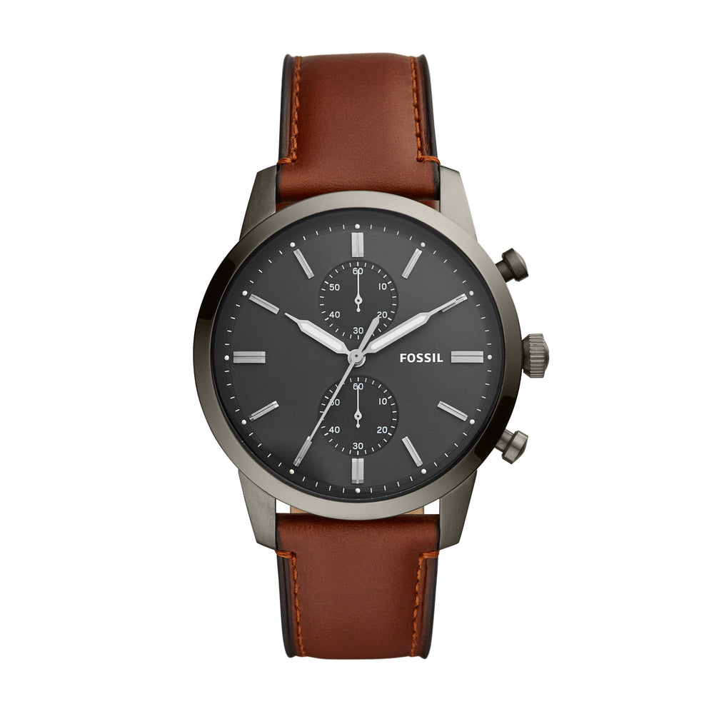 Stainless steel case with a amber leather strap. Fixed stainless steel bezel. Gray dial with luminous silver-tone hands and index hour markers. Minute markers around the outer rim. Dial Type: Analog. Luminescent hands and markers. Chronograph - two sub-dials displaying: 60 second and 30 minute.