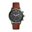 Stainless steel case with a amber leather strap. Fixed stainless steel bezel. Gray dial with luminous silver-tone hands and index hour markers. Minute markers around the outer rim. Dial Type: Analog. Luminescent hands and markers. Chronograph - two sub-dials displaying: 60 second and 30 minute.