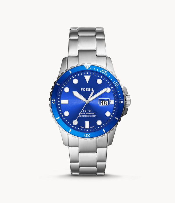 This watch features a silver tone stainless steel bracelet that attaches to the silver tone case and blue bezel that frames the blue face of the watch. The white geometric hour markers with matching white hands create a unique look that is easily readable.