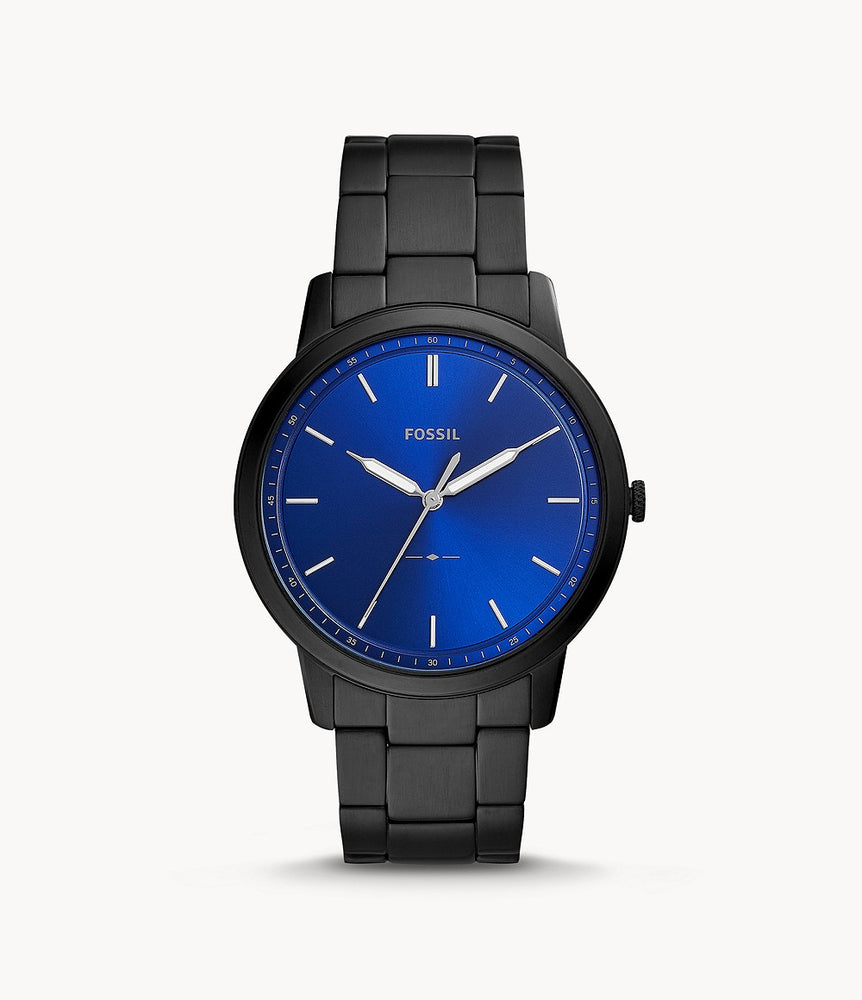 This piece features a flat black metal band that attaches to the thin black bezel. This frames the bold blue face of the watch with white hour markers and hands.