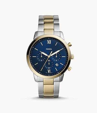 Stainless steel case with a two-tone (silver-tone and yellow gold-tone) stainless steel bracelet. Fixed yellow gold-tone bezel. Blue dial with luminous yellow gold-tone hands and index hour markers. Arabic numeral minute markers (at 5 minute intervals). Minute markers around the outer rim.