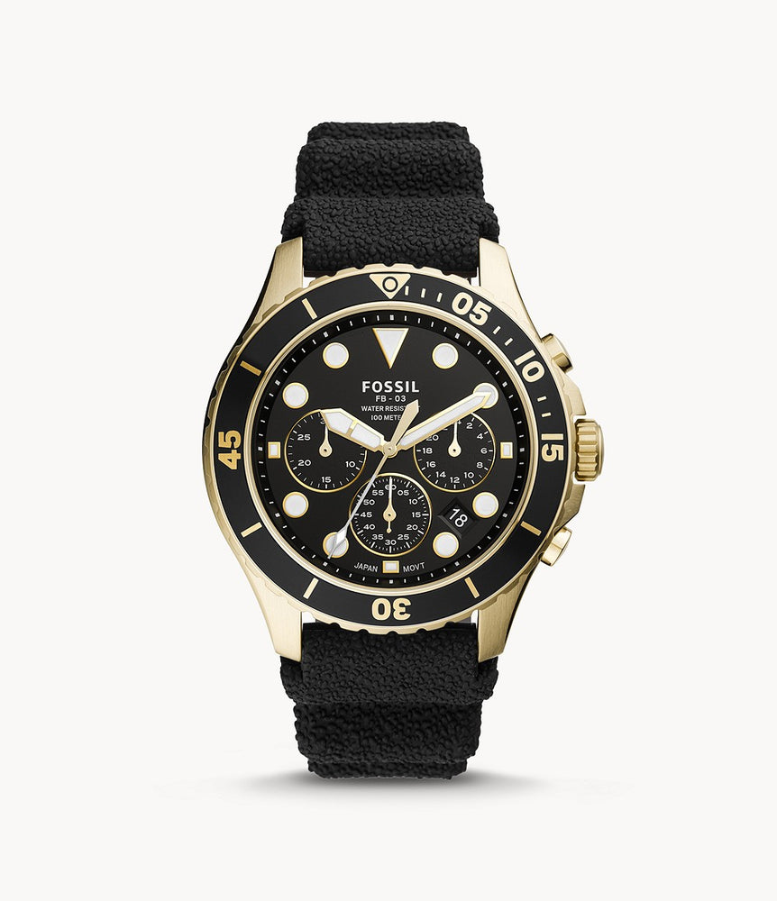 Gold-tone stainless steel case with a black silicone strap. Uni-directional rotating gold-tone bezel with an inlaid black aluminium ring. Black dial with luminous gold-tone hands and dot hour markers. Minute markers around the outer rim. Dial Type: Analog. Luminescent hands and markers. Date display between the 4 and 5 o'clock positions.