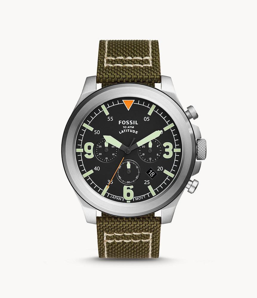 The army green nylon strap attaches to the silver case and bezel with prominent crowns. The matte black dial features luminescent hour markers and numerals and hands as well as 3 sub dials.
