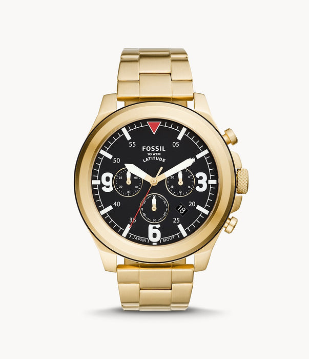 The gold tone stainless steel bracelet attaches to the matching circular case and bezel that frames the flat black dial with bold white hour markers and numerals and hands. The face also features 3 sub dials and the day date.
