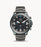 The gun metal gray stainless steel bracelet attaches to the matching case and circular bezel with an electric blue outline. The flat black dial features bold white hour markers and numerals and hands as well as 3 sub dials with a matching color scheme.