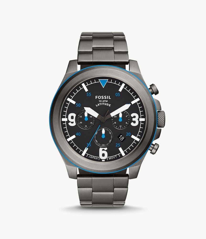 The gun metal gray stainless steel bracelet attaches to the matching case and circular bezel with an electric blue outline. The flat black dial features bold white hour markers and numerals and hands as well as 3 sub dials with a matching color scheme.