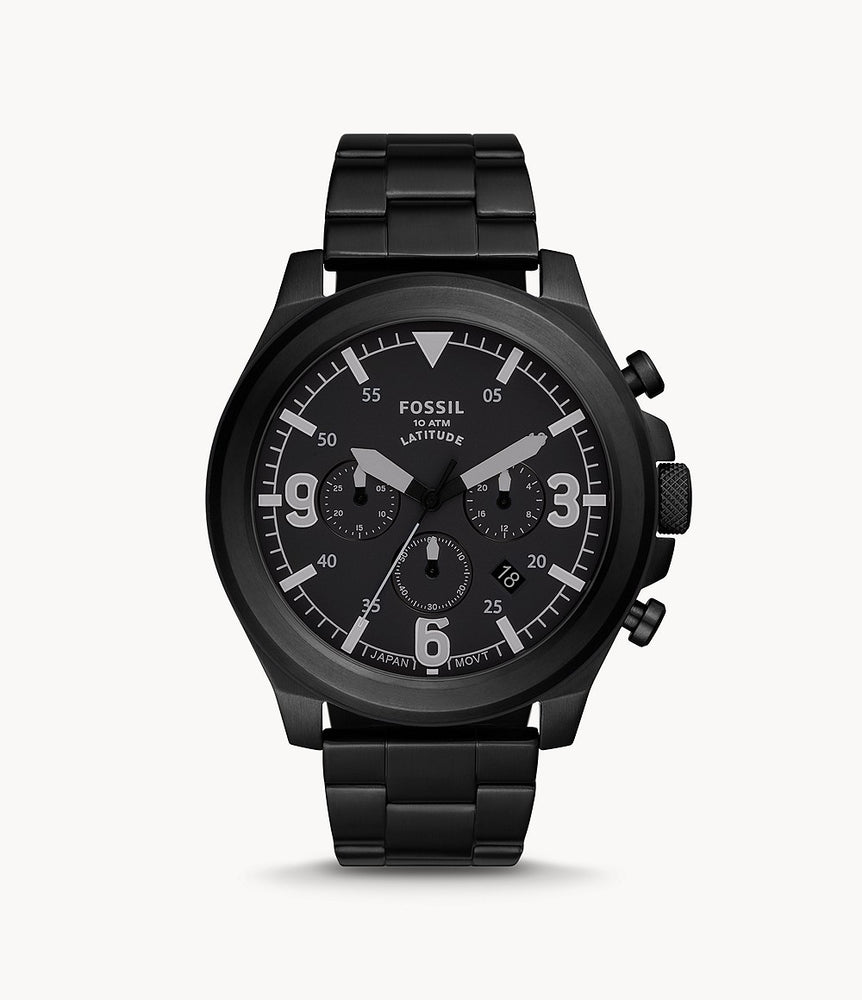The black tone stainless steel bracelet attaches to the matching case and circular bezel. The black dial features dark gray hour markers and numerals and hands as well as 3 sub dials with a similar color scheme.