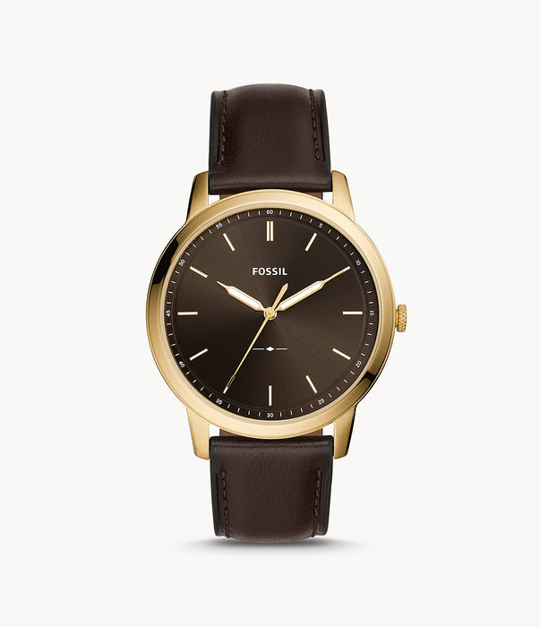 The smooth brown leather strap attaches to the yellow gold case and circular bezel. The face is a matching chocolate brown with complimentary yellow gold hour markers and hands.