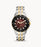 This men’s Dive Style watch in two-tone gold and silver is a bold style featuring a red sunray dial. This timeless and captivating model has a dial measuring at 42mm, is a multifunction chronograph and water resistant to 150 meters. The divers bezel on this watch is displayed beautifully against the dive-style circular markers, with a date wheel placed between the 4 and 5 o’clock markers.
