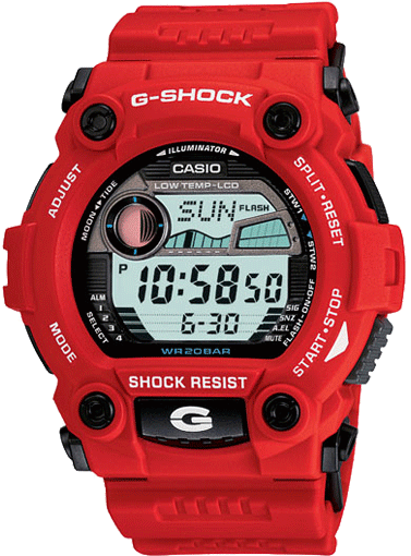 Men's Red DIgital Gshock digital display, moon and tide features. Multiple stopwatch features and alarm settings. The watch illuminates at the touch of a button located at the 6 oclock. Practical and useful watch in an eye-catching red color. Watch is water and shock resistant. 