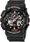 This watch is a distinct G-Shock design with a black resin band and black face. The red accents as well as red and silver hands add a robust pop of color. The display includes the analog time, digital time, and day date as well as showing other information the watch provides.
