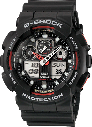 This watch is a distinct G-Shock design with a black resin band and black face. The red accents as well as red and silver hands add a robust pop of color. The display includes the analog time, digital time, and day date as well as showing other information the watch provides.