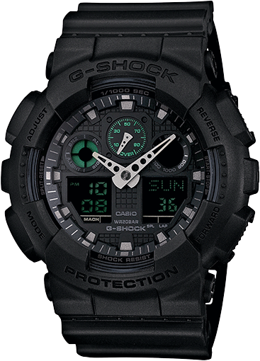 Men's Gshock GA100MB-1A, Analog and digital time telling capability. Day/Date operations, stopwatch and alternate time zone display if needed. Green accents on dial with white markers that glow in the dark. Shock resistant model. 