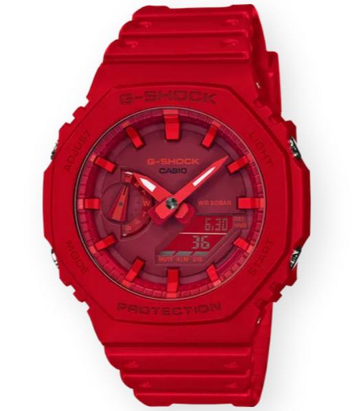 This bold timepiece attracts attention due to its bright red monochrome color, octagonal face, and classic G-Shock style.