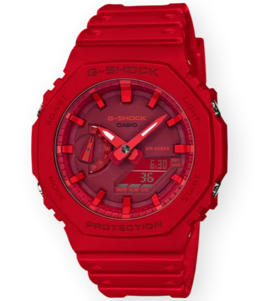 This bold timepiece attracts attention due to its bright red monochrome color, octagonal face, and classic G-Shock style.