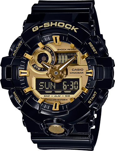 This watch from G-Shock follows suit in constantly setting new standards for timekeeping toughness, hence this updated classic. Model with garish coloring. The base model is the GA-700, which uses original resin molding technology that makes it possible to form analog hands, dial, and hour markers of resin that shines like metal. The black and gold model has an overall shiny finish for a tough and energetic look.