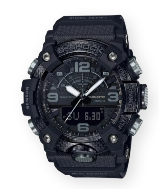 This ruggedly built watch is. all black with silver accent pieces around the case. The bright white hands against the dark dial as well as the bold quarter numerals make for easy readability.