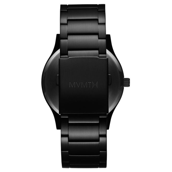 Men's Black Link MVMT 45MM Case. Black dial, Black hour and minute hands. red second hand and red MVMT logo placed at the 12 o'clock marker. Black Stainless steel casing and band.