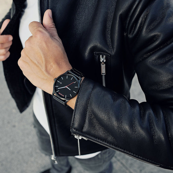 Men's Black Link MVMT 45MM Case. Black dial, Black hour and minute hands. red second hand and red MVMT logo placed at the 12 o'clock marker. Black Stainless steel casing and band.