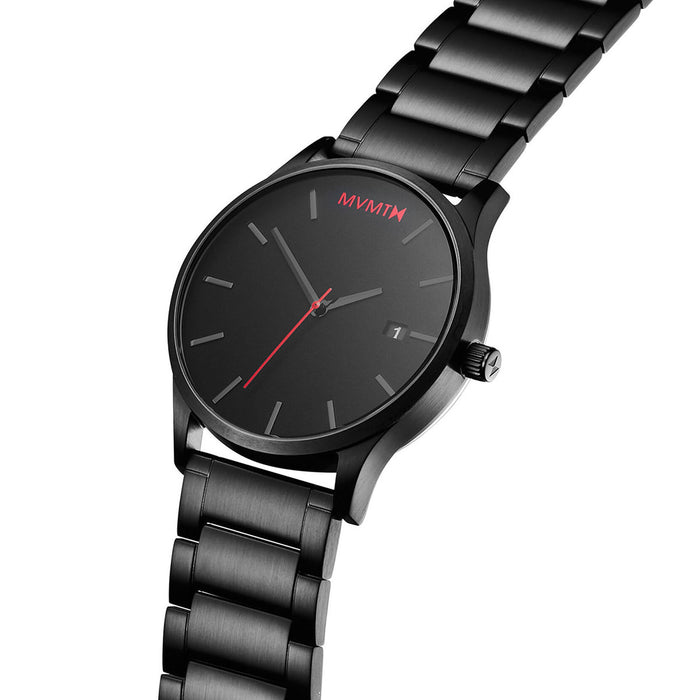 Men's Black Link MVMT 45MM Case. Black dial, Black hour and minute hands. red second hand and red MVMT logo placed at the 12 o'clock marker. Black Stainless steel casing and band.