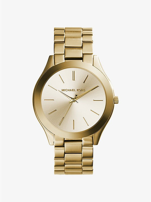 Ladies Michael Kors Slim Runway in a Gold tone stainless steel casing and bracelet. Chamoagne colored dial, markers at each hour. hour minute and second hand included, slim three piece bracelet.