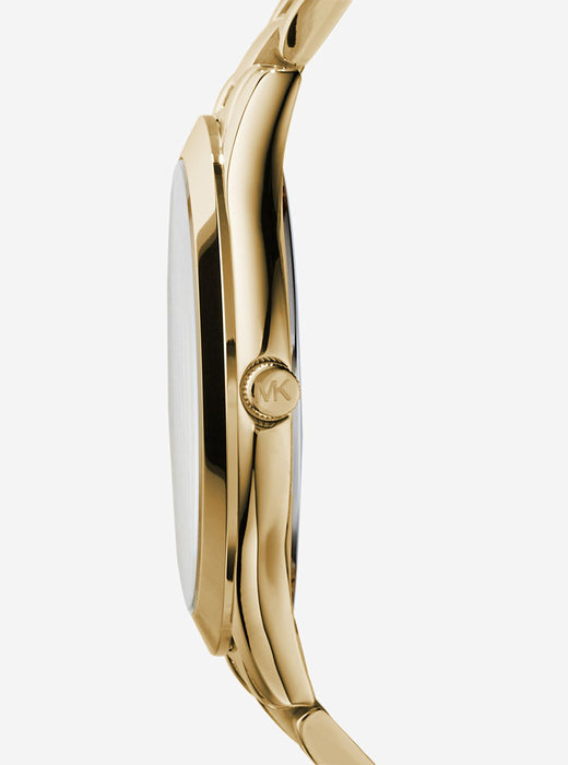 Ladies Michael Kors Slim Runway in a Gold tone stainless steel casing and bracelet. Chamoagne colored dial, markers at each hour. hour minute and second hand included, slim three piece bracelet.