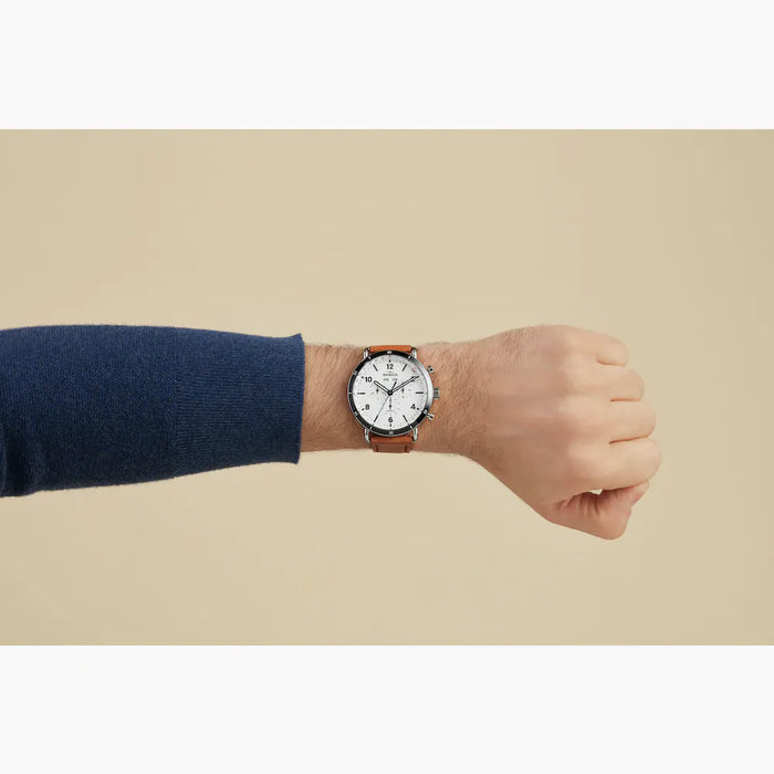 Shinola Canfield Sport Chrono 45mm White Dial SS Case Bourbon