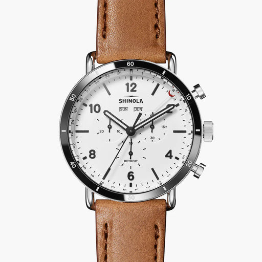 Shinola, Canfield Sport Chrono 45mm White Dial SS Case Bourbon Strap