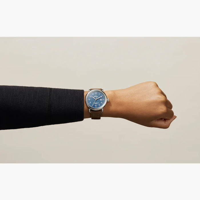 Shinola, The Runwell 41mm Matte Blue Velvet Dial Brown Leather