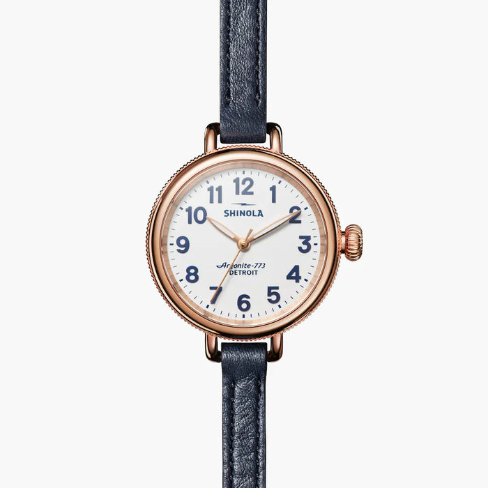Shinola, Birdy 34mm Moon Phase White Dial Navy Leather Rose Gold PVD Case
